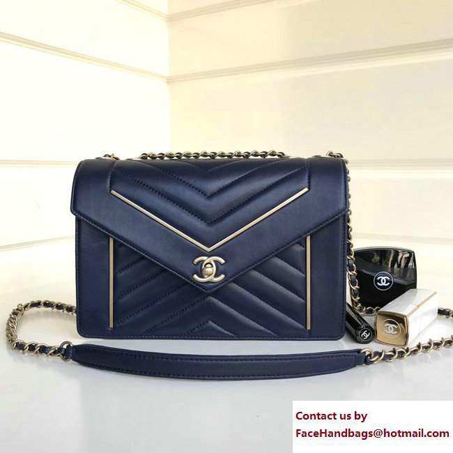 Chanel Lambskin & gold metal Chevron small/medium Flap Bag navy blue